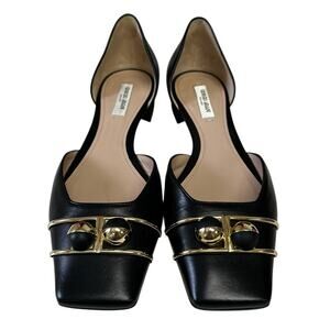 Giorgio Armani Black Leather Gold Hardware Square Toe Flats Womens 37.5 / US 7.5